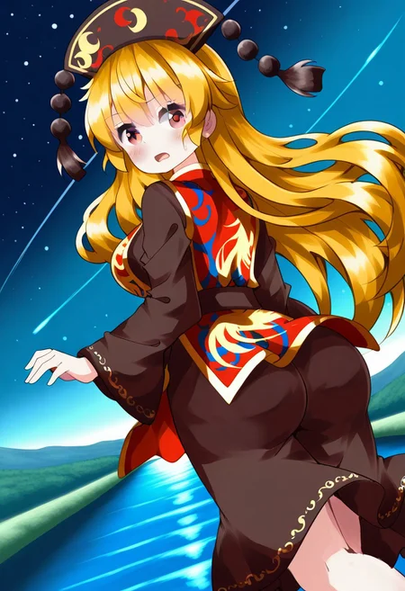 ruu style, ((outside)), ((space)), ((river)), ((junko)), 1girl, solo, blonde hair, red eyes, long hair, (standing), ((flying)), (posing), ((from behind)), ((large ass)), (serious shocked face), ((blush)), ((open mouth)), (looking at viewer), ((large breasts)), black headwear, black dress, long sleeves, tabard, phenix print, (legs)