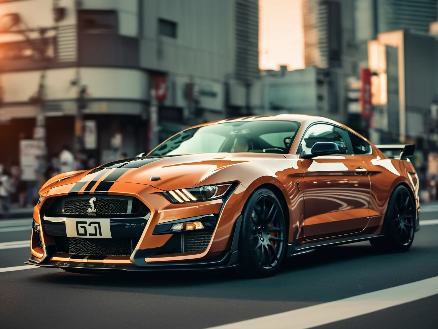 a closeup photo of mstgsgt500 car driving in Tokyo city, sunset, hdr, 8k, ultra high-res, movie picture still-frame<lora:mstgsgt500_car_t02_SDXL-000010:0.7>
