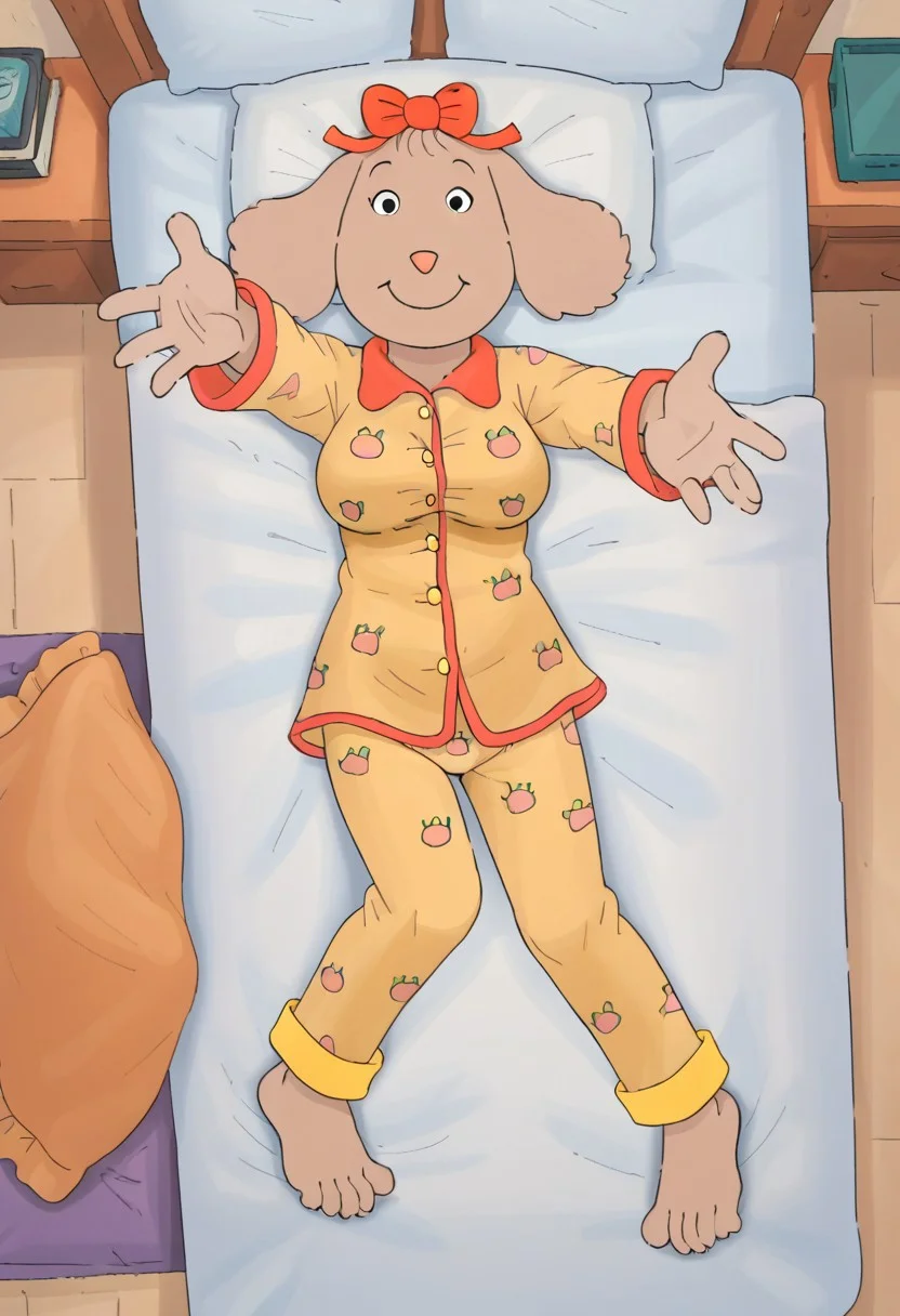 source_cartoon, Fern Walters, solo, 1girl, anthropomorphic dog, animal ears, tannish grey fur. red bow on her head,
Pajamas, lying on back, lying on bed, overhead view, reaching arms to viewer, pov hug, smile, full body, aged up breasts, barefoot, feet,