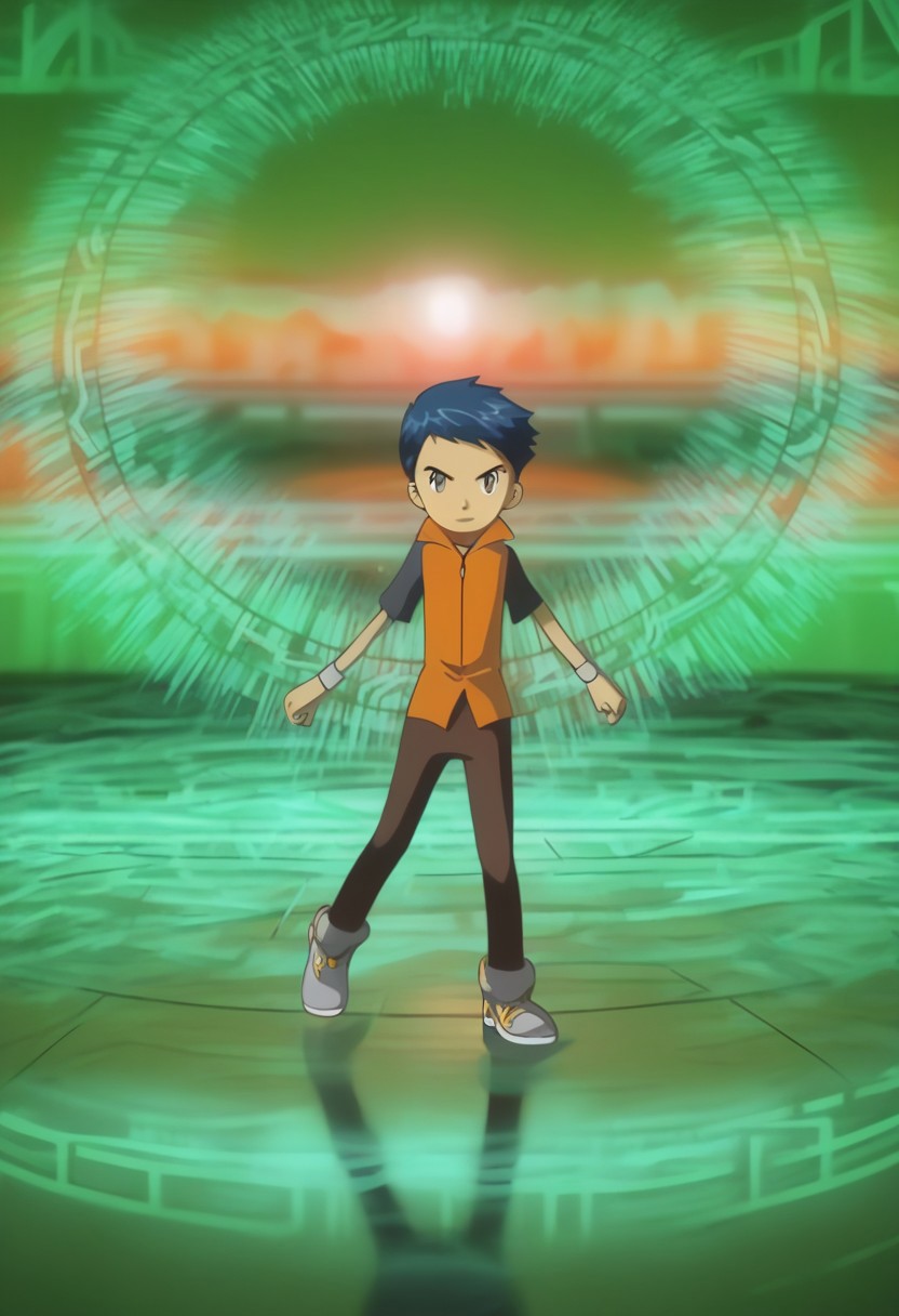 grey wristbands, grey sneakers, dark brown trousers, detailed face, detailed eyes, solo, standing, full body,henry wong, blue hair, grey eyes, orange vest, black shirt,short hair, dynamic pose,character focus, depth of field, glowing particles, reflection, blue theme, red theme, green theme, orange theme, yellow theme,, glowneon, glowing, sparks, lightning