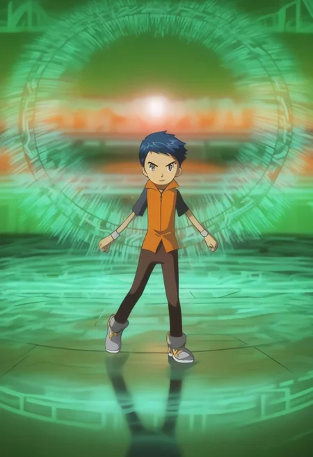grey wristbands, grey sneakers, dark brown trousers, detailed face, detailed eyes, solo, standing, full body,henry wong, blue hair, grey eyes, orange vest, black shirt,short hair, dynamic pose,character focus, depth of field, glowing particles, reflection, blue theme, red theme, green theme, orange theme, yellow theme,, glowneon, glowing, sparks, lightning