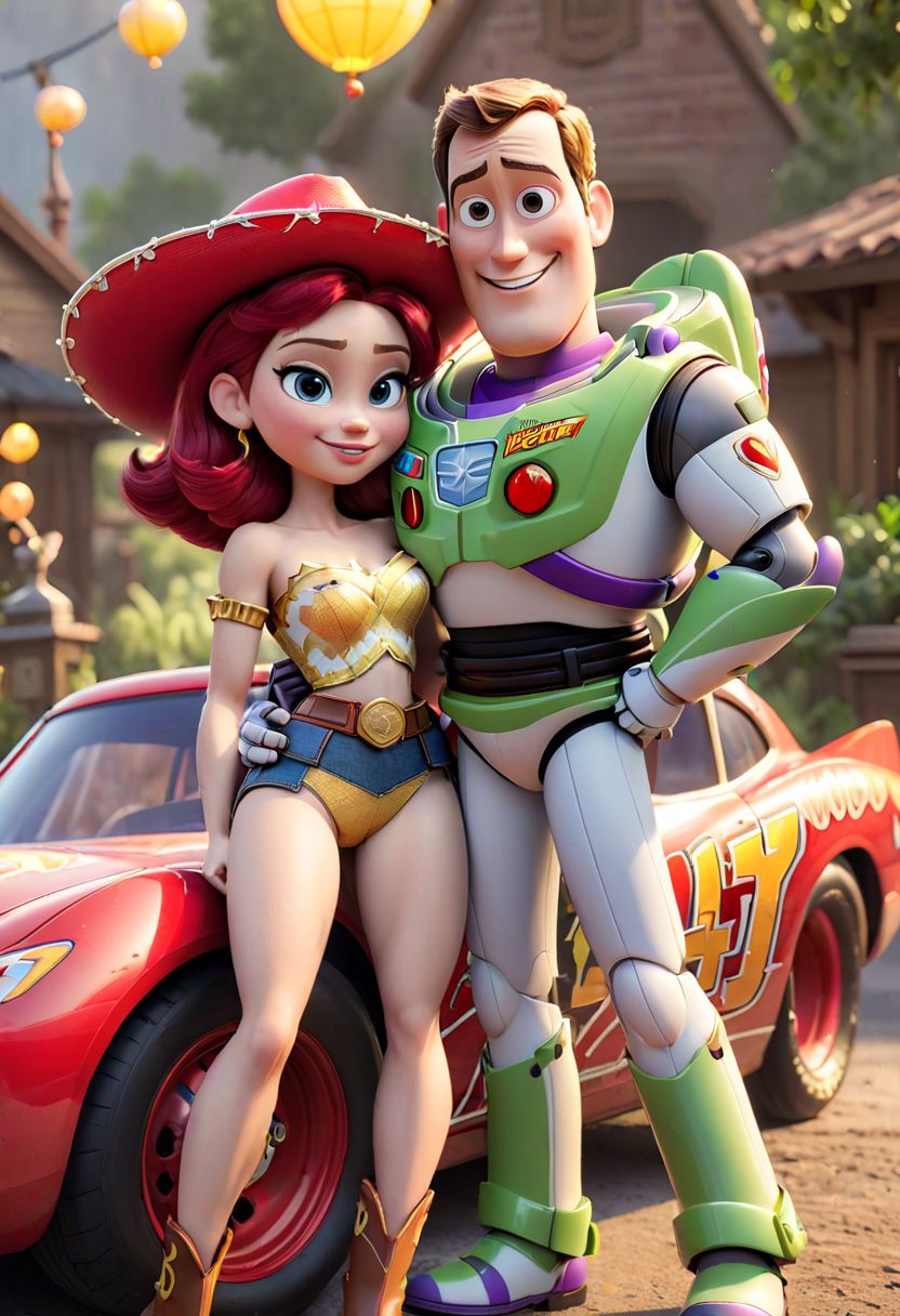 (Buzz McQueen, Sheriff Woody, Jessie, the perfect pixar hero:1.5), Masterpiece photography, (fusion:1.3) of Buzz lightyear and (Lightning McQueen:1.3), Sheriff Woody, Jessie, in hero pose, hugging shoulders, villains lair background, hyperrealistic, bokeh, leica award winning photography, intricate textures, soft lighting