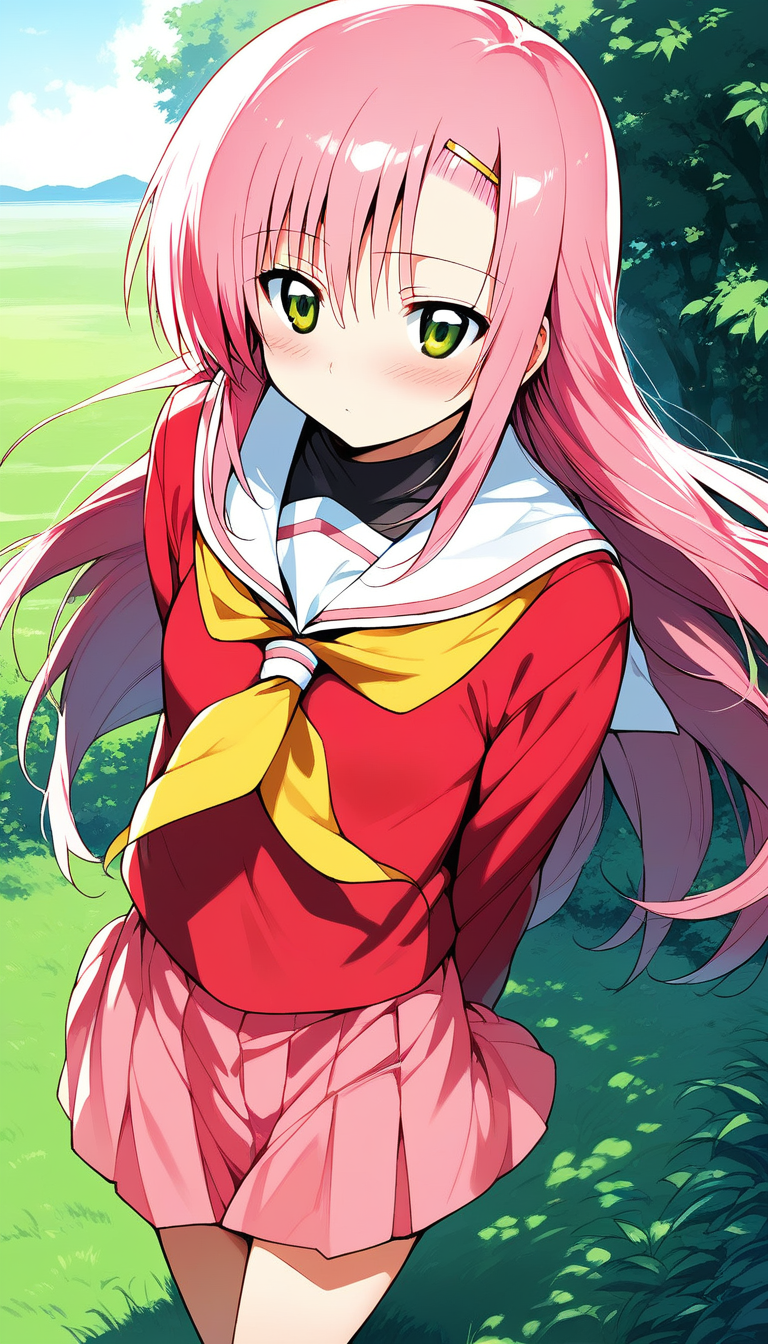 score_9, score_8_up, score_7_up, source_anime, rating_explicit, BREAK  <lora:Katsura_Hinagiku_XL:1>Katsura_Hinagiku, pink hair, long hair, Yellow green eyes, hairclip, small breasts, school uniform, red serafuku, pink skirt,
 1girl, solo, blush, neckerchief, long sleeves, standing, 
blue sky, outdoor, day, grass,
2010s \(style\), anime,