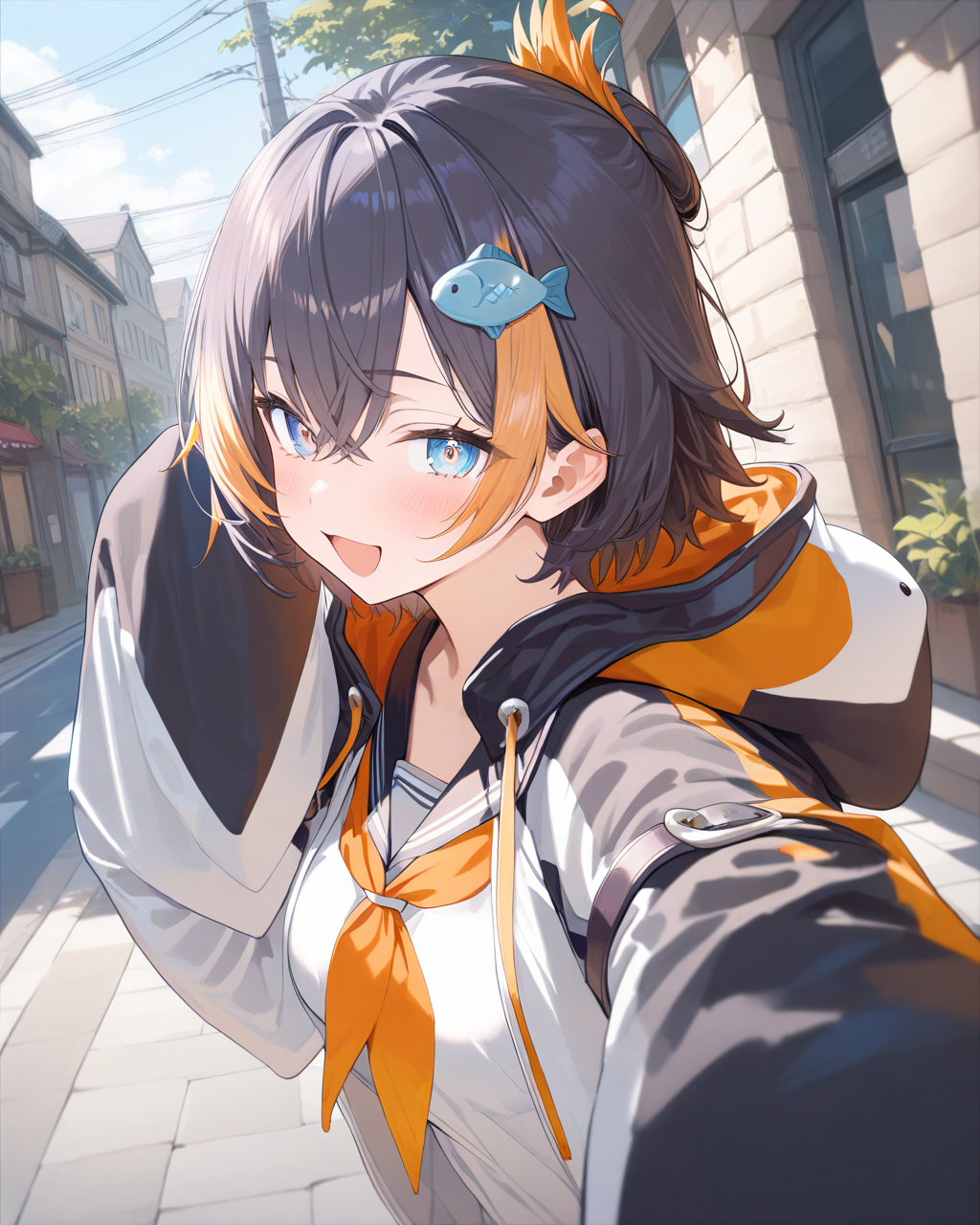 1girl,
PetraGurinNijisanji,
safe, solo, perspective, dutch angle, from side, upper body,
dating, looking at viewer, \:d,
fish hair ornament,
two-tone hoodie, long sleeves,
sleeves past fingers,
arm strap,
black sailor collar, orange neckerchief,
white shirt, large breasts, white shirt, 
day, street,
depth of field,
<lora:kp_PetraGurinNijisanji1stCostumeAnimagineXL_v1_1:1.0>,
masterpiece, high score, great score, absurdres
