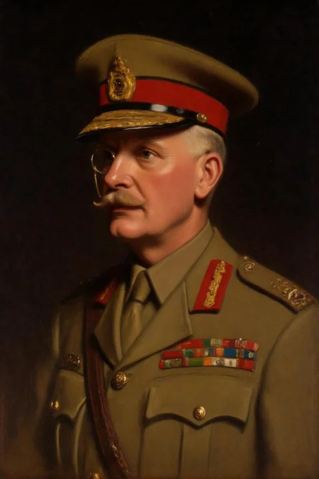 frankowensalisbury1 painting.
Close-up of a British general with a mustache, dressed in a formal military uniform adorned with various medals and insignia. The uniform is light brown with red and gold accents, and he wears a monocle, a peaked cap with a gold badge, and a cord aiguillette. The background is dark. <lora:frankowensalisbury1_cap_d8a4:1.0><lora:863247934886536384:0>