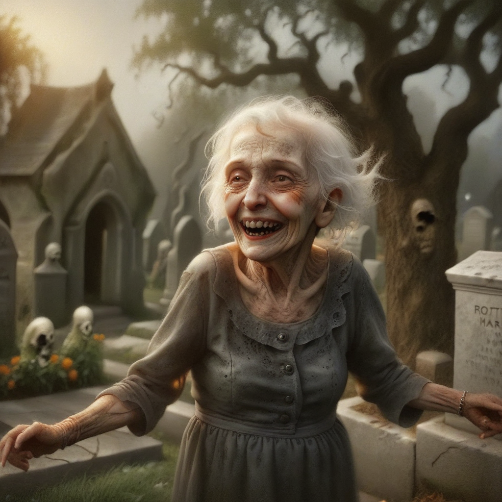 the old woman is actively dancing in the cemetery, a smile on her face, laughing.
rotten skin, by Chris Mars <lora:Chris_Mars:1> <lora:zkeleton:1>