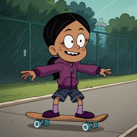score_9, score_8_up, score_7_up, score_6_up, 1girl,solo,best quality,4k,
dark tan skin, black hair worn in a low ponytail, freckles on her cheeks, two buck teeth,show accurate, perfect anatomy, four fingers,
purple hooded jacket, dark blue jean shorts, and dark purple flats with light pink socks,
skateboarding, public park,