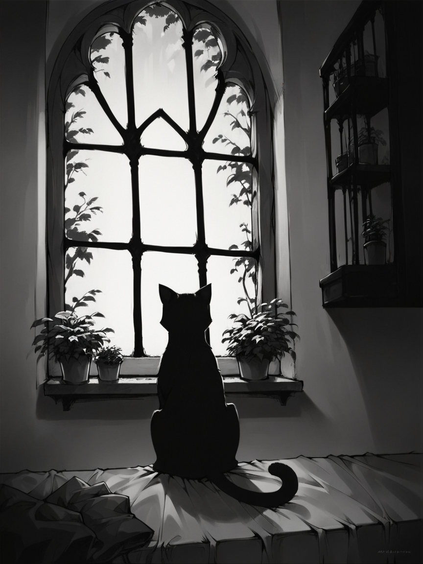 score_9, score_8_up, score_7_up, score_6_up, score_5_up, score_4_up,  <lora:c0ntr4stbwXLP:0.9> c0ntr4st, monochrome, high contrast, window, cat