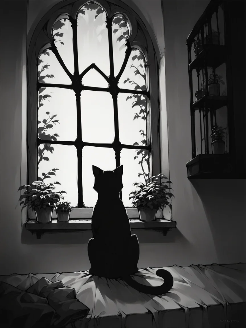score_9, score_8_up, score_7_up, score_6_up, score_5_up, score_4_up, <lora:c0ntr4stbwXLP:0.9> c0ntr4st, monochrome, high contrast, window, cat