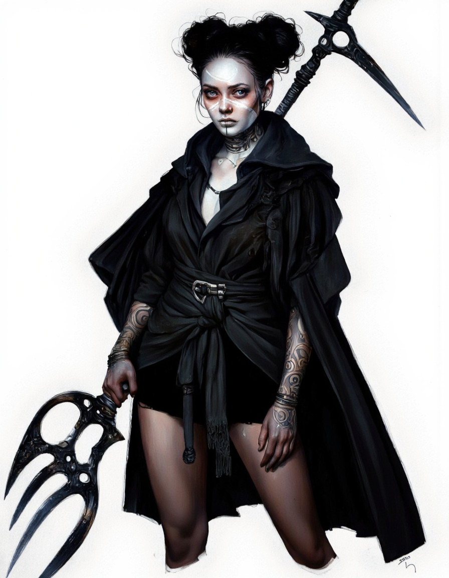 By Laura H. Rubin. A digital illustration shoot from a portrait camera angle about a character with a tribal face paint and a weapon, standing confidently in the middle of the image. the character, a woman with pale skin and dark hair styled in a high bun, is positioned in the center of the frame, wearing a black cloak with a hood that is draped over her shoulders. she has a serious expression and is looking directly at the viewer. her eyes are a striking blue color, and her lips are painted white. she is holding a large, black trident in her right hand, which is positioned to her left. the background is a plain white, and the image has a dark, moody atmosphere with a focus on the character's striking features. <lora:Laura_H._Rubin_II:0.8>