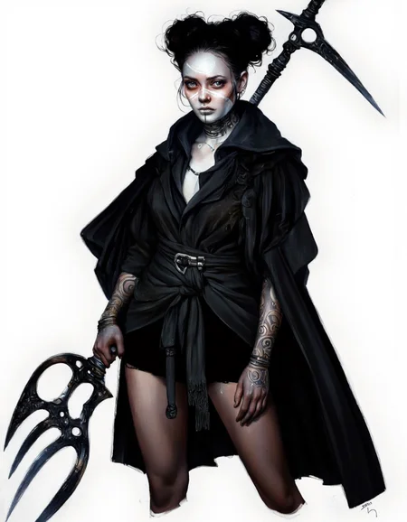 By Laura H. Rubin. A digital illustration shoot from a portrait camera angle about a character with a tribal face paint and a weapon, standing confidently in the middle of the image. the character, a woman with pale skin and dark hair styled in a high bun, is positioned in the center of the frame, wearing a black cloak with a hood that is draped over her shoulders. she has a serious expression and is looking directly at the viewer. her eyes are a striking blue color, and her lips are painted white. she is holding a large, black trident in her right hand, which is positioned to her left. the background is a plain white, and the image has a dark, moody atmosphere with a focus on the character's striking features. <lora:Laura_H._Rubin_II:0.8>