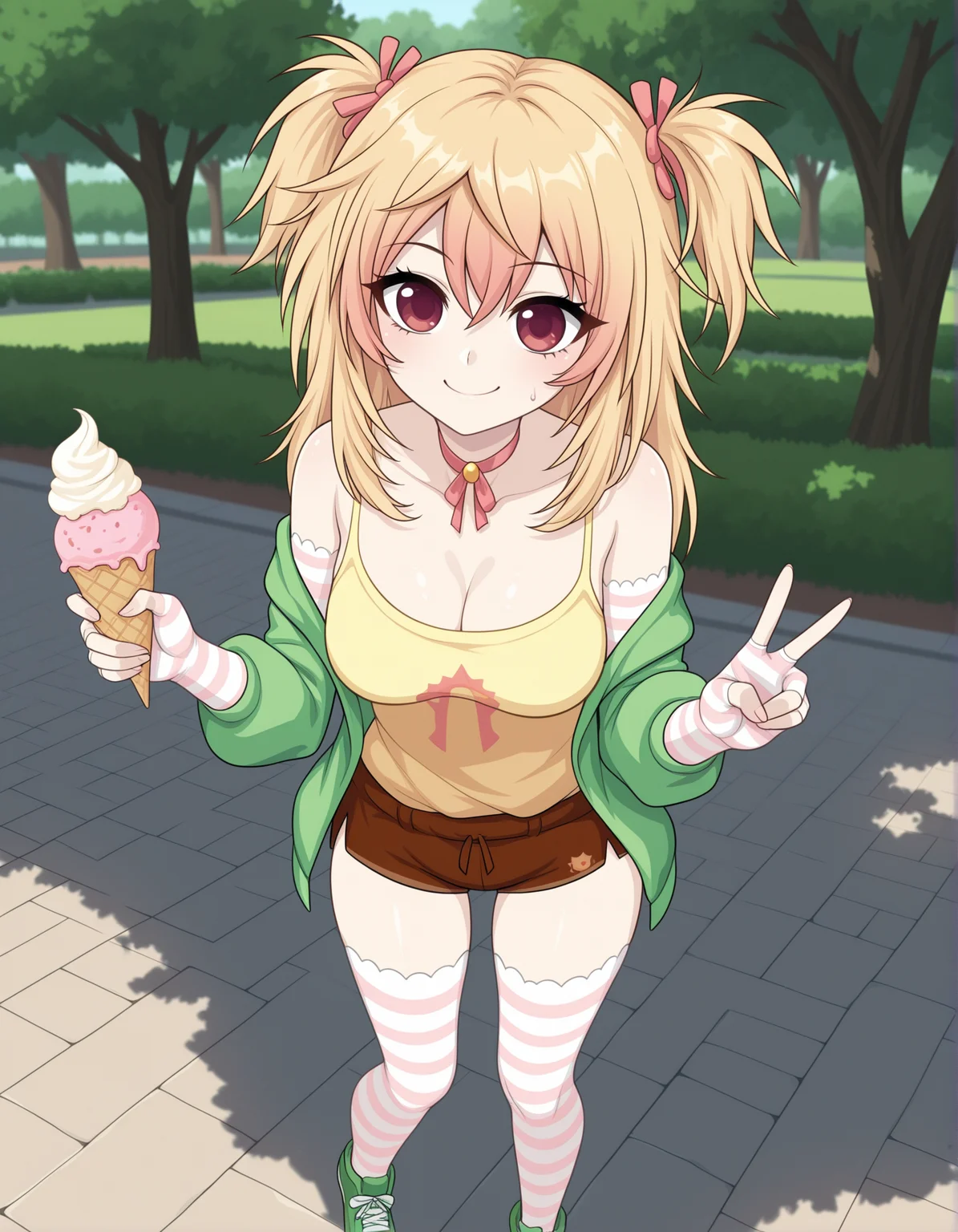 masterpiece,best quality, absurdres, highres, <lora:Mio Illu:0.9> mioillu, striped thighhighs, brown shorts, striped gloves, green jacket, tank top, choker, green sneakers, standing, park, sweatdrop, ice cream, smile, V, medium breasts,