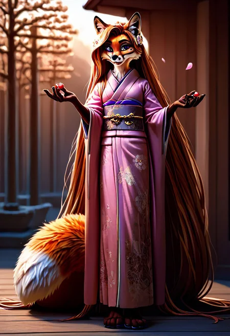 score_9_up, score_8_up, score_7_up, <lora:colorkimonoPony:1>, <lora:0712 kimono_v1_pony:1>, <lora:DetailedEyes_V3:1>, <lora:HandFixer_pdxl_Incrs_v1:0.5>, (masterpiece), (best quality), hyper detailed, perfect anatomy, anthro fox girl, dazzling, perfect face, handfixer, 5_fingers, handpaw, hindpaw, fox furry,
sexy, seductive, (absurdly long hair:1.75), very long hair, floor length hair, orange hair, hairflower, violet eyes, beauty mark, print_kimono, ruanyi0712, floral print, pink kimono, obijime, sandals, tabi, wide sleeves, orange fur, (tail rooted in coccyx:1.2), dusk, anthro, female furry, fox, fox tail, fox ears, body fur, fluffy, paws, closed mouth, sunset, trees, outdoor, in spring, falling petals, cherry blossoms, looking_at_viewer