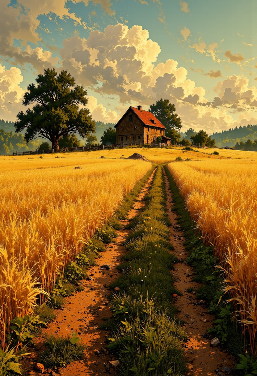 French Countryside – Wheat Fields & Golden Twilight
"A dreamy wheat field in the French countryside, glowing under a warm golden twilight. The golden crops sway gently in the breeze, their movement creating a soothing rhythm. A narrow dirt path cuts through the landscape, leading toward a rustic barn with a red roof, nestled among clusters of oak trees."