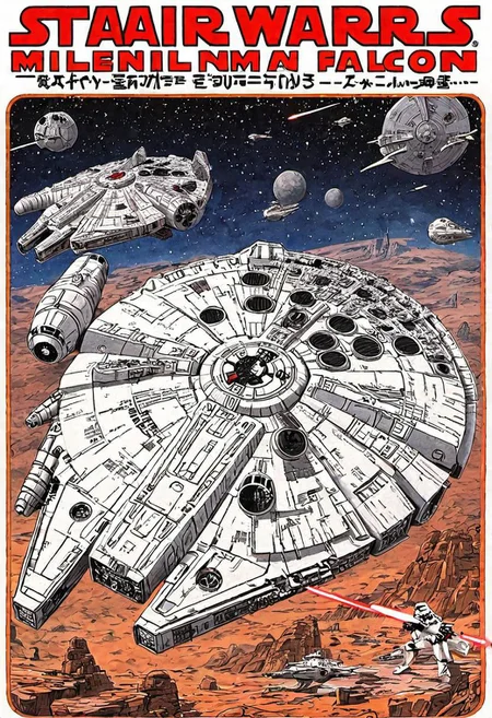Japanese Manga book cover of star wars Millennium Falcon, book cover with text "Star Wars", Akira toriyama style , blank background , full colour, hand drawing