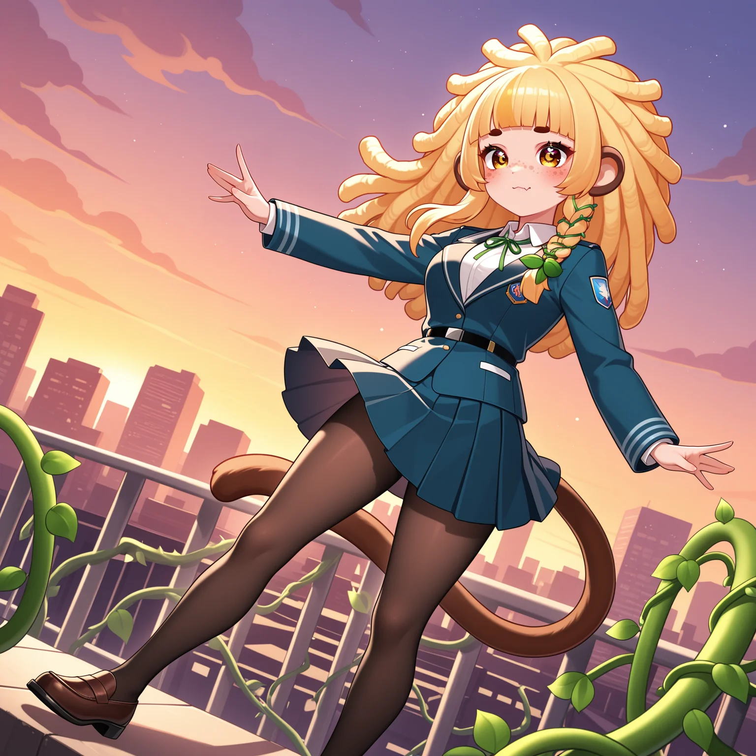 1girl, solo, <lora:BananaJuju_v2:0.8> bananajuju, long hair, symbol in eye, side braid, blunt bangs, vines, freckles, monkey ears, monkey tail, skin fang, light smile, blunt bangs, dreadlocks, blonde hair, medium breasts,
student council uniform, blazer, collared shirt, pleated skirt, pantyhose, loafers, ribbon tie, (long shot), detailed face, located in an urban scene at a scenic business district during twilight with windy weather, illuminated by city glow, creating a bustling,dynamic atmosphere