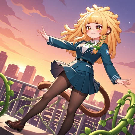 1girl, solo, <lora:BananaJuju_v2:0.8> bananajuju, long hair, symbol in eye, side braid, blunt bangs, vines, freckles, monkey ears, monkey tail, skin fang, light smile, blunt bangs, dreadlocks, blonde hair, medium breasts,
student council uniform, blazer, collared shirt, pleated skirt, pantyhose, loafers, ribbon tie, (long shot), detailed face, located in an urban scene at a scenic business district during twilight with windy weather, illuminated by city glow, creating a bustling,dynamic atmosphere