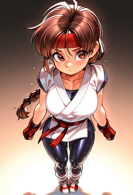 (eyesHD, detailed eyesdetailed eyes, beautiful eyes, high definition eyes), by wamudraws), masterpiece, best quality, amazing quality, very aesthetic, absurdres, gradient background, backlighting, shadow, shaded, 1girl, Yuri sakazaki, solo, spandex, braid, dougi, gloves, brown_hair, headband, fingerless_gloves, sneakers, brown_eyes, shoes, single_braid, long_hair, socks, loose_socks
<lora:DetailedEyes_V3:3>, <lora:illustrious_quality_modifiers_masterpieces_v1:1>,