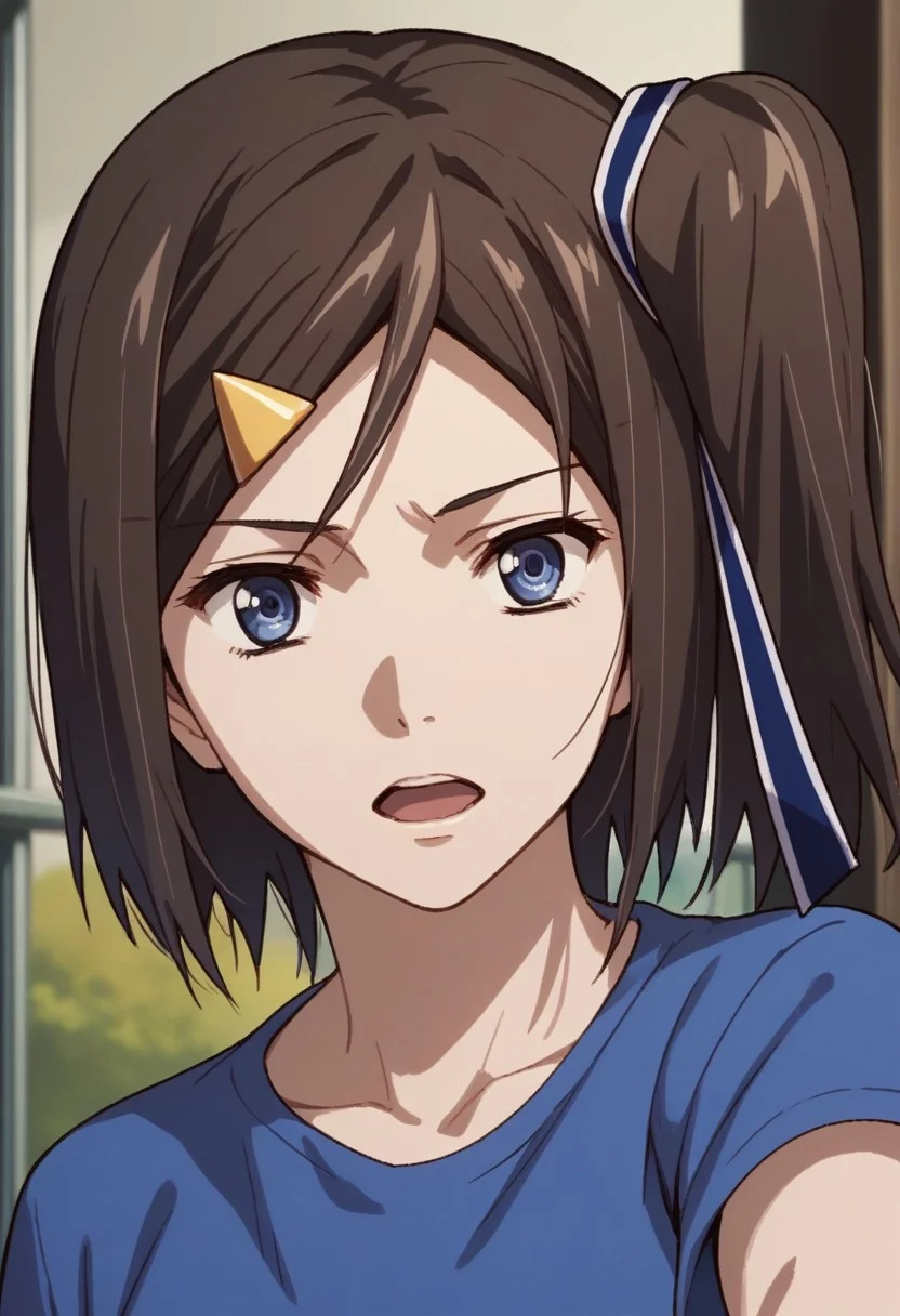 score_9,score_8_up,score_7_up,source_anime, Hatsuna Wakabayashi,1girl,solo,looking at viewer,open mouth,bangs,shirt,collarbone,upper body,short sleeves,blue shirt,t-shirt,