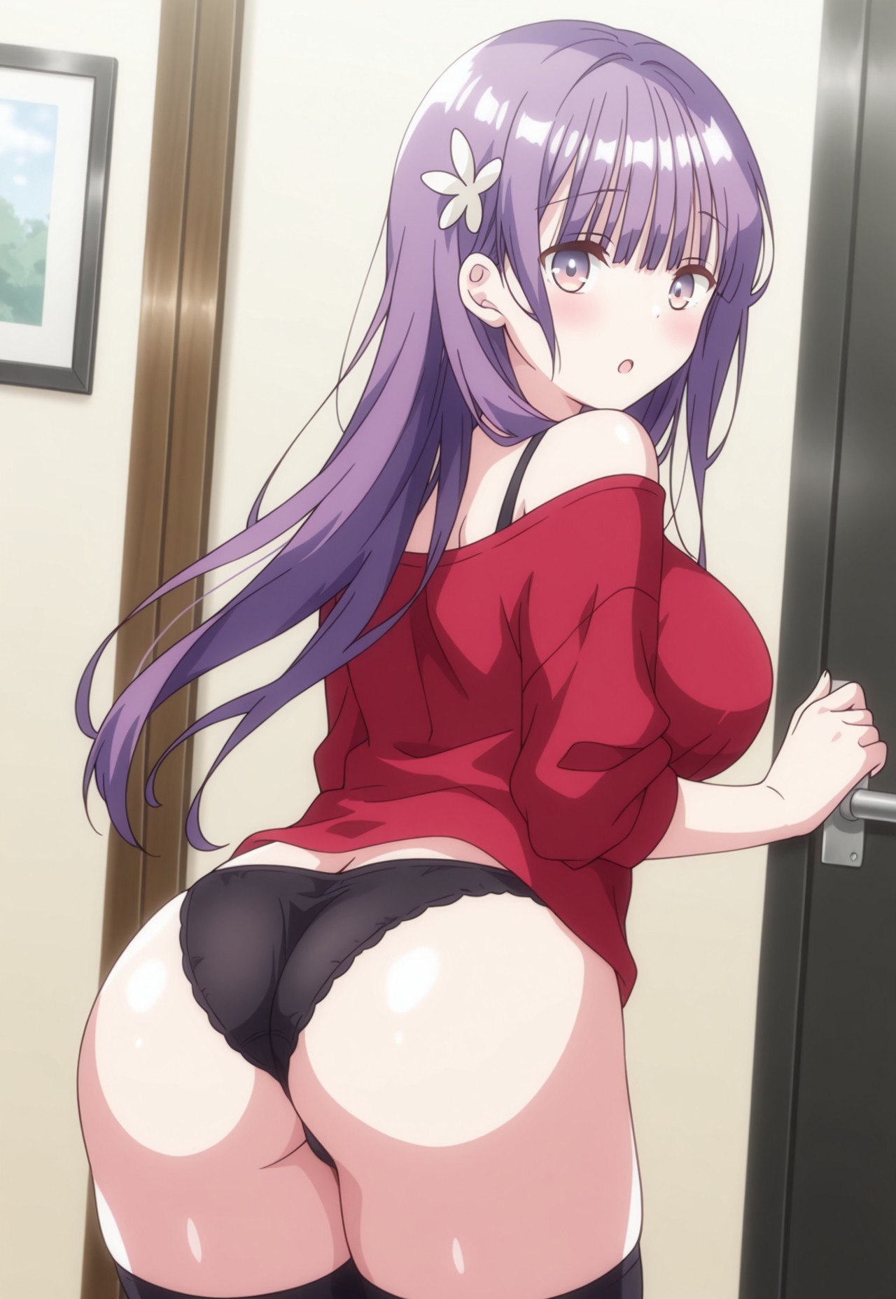 (((1girl,solo))),(masterpiece, amazing quality, best quality),very aesthetic, illustration, perfect composition, intricate details, absurdres, incredibly absurdres,(((SuzukaKai,Purple Hair,Long Hair,Bangs,Purple Eyes,Gradient Eyes,Hair Ornament,Huge Breasts,Red Shirt, Bra Straps, Black Thighhighs,perfect face, detailed eyes,Original Style,standing,ass,black panties,looking back))),,cowboy shot,blush,:o,looking at viewer,indoors,living room