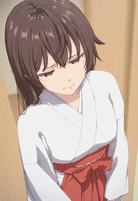 Masterpiece, best quality, ultra-detailed, expressive, Japanese temple background, anime, anime, anime, anime, 1girl, Yuki, solo, brown hair, brown eyes, small breasts, jyojifuku,miko,red hakama