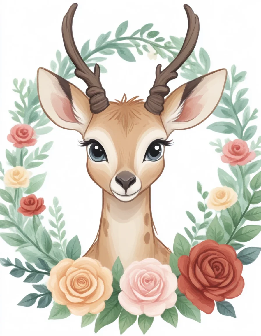 novuschroma57 style cartoon antelope wearing roses flower wreath <lora:sdxl_lightning_8step_lora:1> <lora:novuschroma57 style_detail:1>
