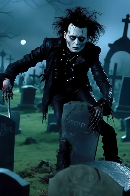<lora:Director Tim Burton style:1>Director Tim Burton style - Make a photorealistic image, Depp as a zombie in Edward Scissorhands climbing out of a grave in a cemetery at night, cinematography, 85mm, movie still, 8k, color grading, extreme detail, soft lighting, no vignette