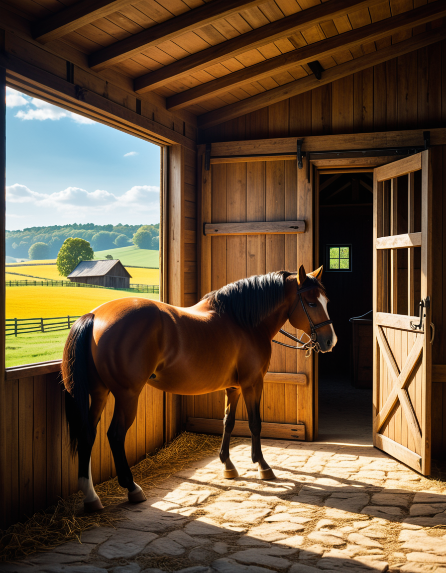 A rustic horse stable in the countryside, built with aged wooden beams and stone foundations, bathed in warm golden sunlight. The stable doors are slightly open, revealing the soft hay-covered floor inside. Horses stand calmly in their stalls, their glossy coats catching the light. Dust particles float in the air, illuminated by the sunbeams filtering through the gaps in the wooden planks. The atmosphere is serene, with a vintage, timeless feel. Weathered saddles and bridles hang neatly on the stable walls, and an old wooden cart sits nearby. The background features rolling green fields and a clear blue sky, creating a peaceful rural setting. Ultra-detailed, photorealistic, warm tones, cinematic lighting, sharp textures.
<lora:SDXLFaeTastic2400:0.4> <lora:extremely_detailed:0.4> extremely detailed,<lora:rustic_horse_st4bl3:1>,rustic horse st4bl3, Masterpiece,best quality,hi res,8k,hi res,8k,award winning,(sharp focus, intricate, highly detailed),