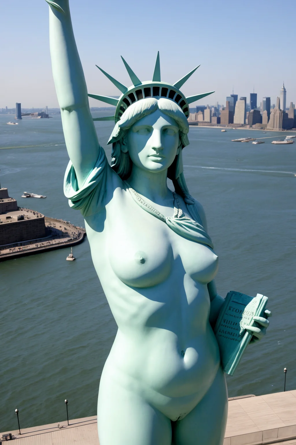a realistic photo of the Statue of Liberty except she is nude, exposing herself, NYC, USA, masterpiece desktop wallpaper