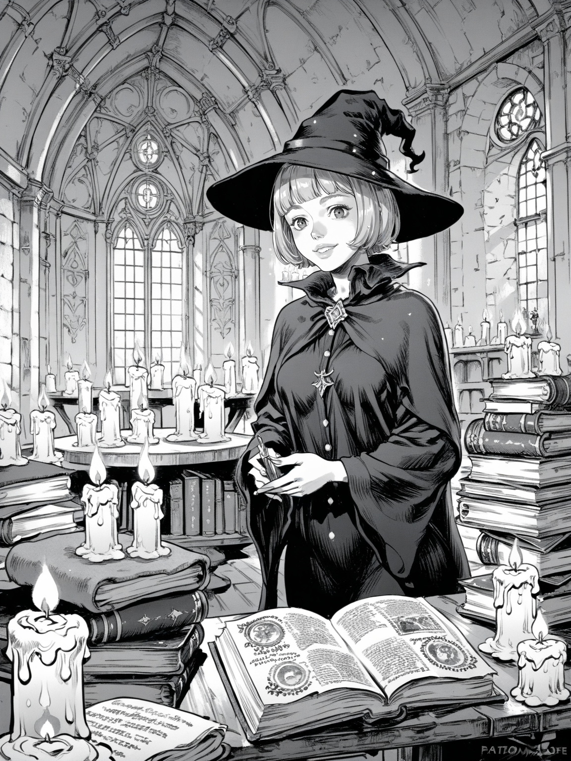 purple eyes, blonde hair, wizard, lare breasts, standing, practicing magic, books, smiling, table, candle, night, solo, 
, <lora:Berserk:0.8>, score_9, score_8_up, score_7_up, zPDXL3, monochrome, greyscale