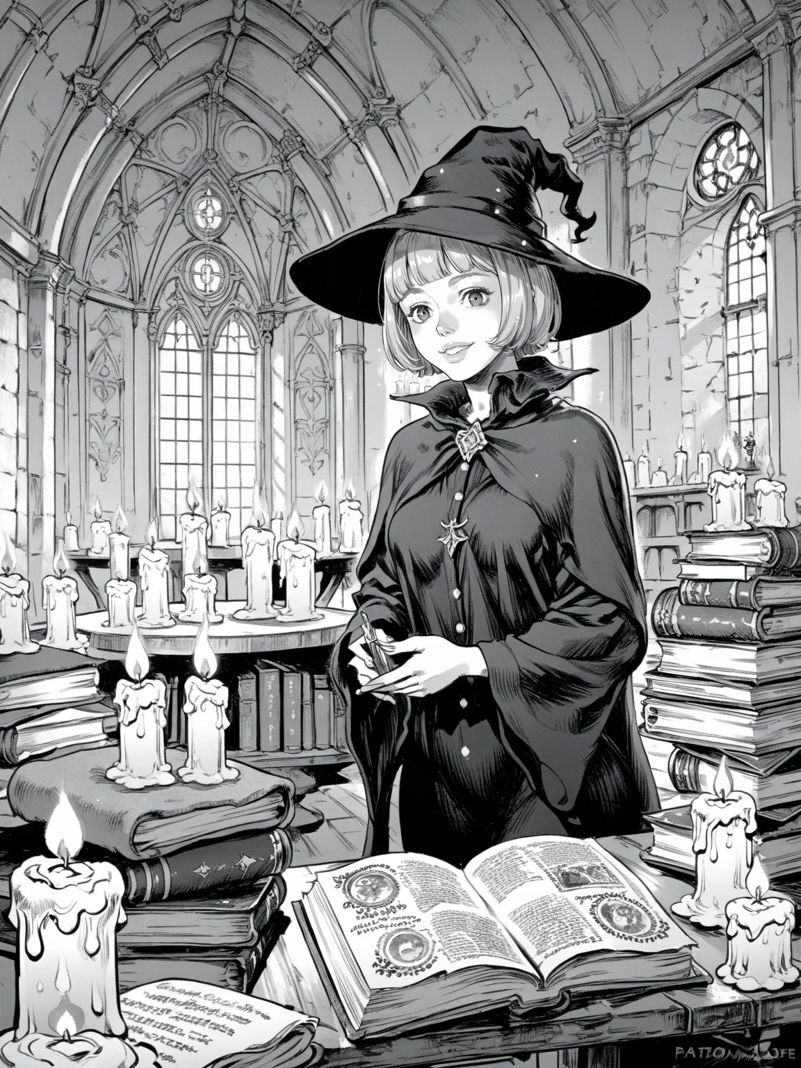 purple eyes, blonde hair, wizard, lare breasts, standing, practicing magic, books, smiling, table, candle, night, solo,
, <lora:Berserk:0.8>, score_9, score_8_up, score_7_up, zPDXL3, monochrome, greyscale