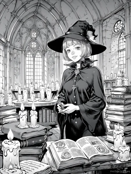 purple eyes, blonde hair, wizard, lare breasts, standing, practicing magic, books, smiling, table, candle, night, solo,
, <lora:Berserk:0.8>, score_9, score_8_up, score_7_up, zPDXL3, monochrome, greyscale