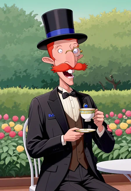 masterpiece, high quality, n1g3l, 1boy, male focus, solo, short slicked hair, orange hair, fancy mustache, teeth, upper body, cowboy shot, formal, bow tie, taxedo, sideburns, top hat, monocle, open mouth, surprised, victorian fashion, holding tea cup, holding saucer, garden, sitting, table,
