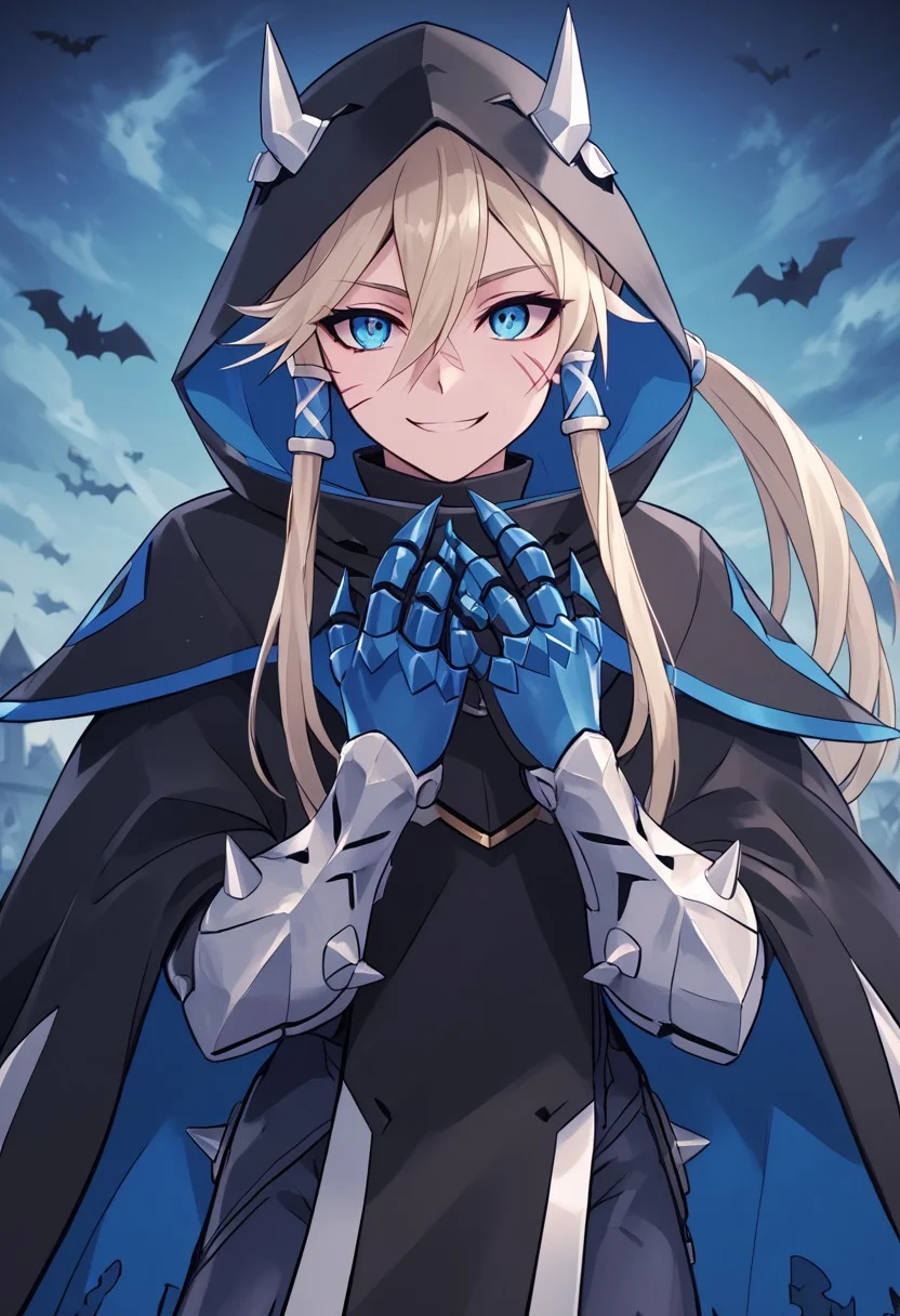 score_4,score_5,score_6,score_7_up,score_8_up,score_9 ((masterpiece,best quality,ultra detailed,highres,HD,4k:1.2)),
1 girl, solo, long hair, ponytail, blue eyes, sharp eyes, slanted eyes, hair tube, hair between eyes,facial scar, bangs, headgear,
Halloween, Halloween costume, black cloak, hooded cloak, wearing a hood, Grim Reaper,spikes, gauntlets,
smile,