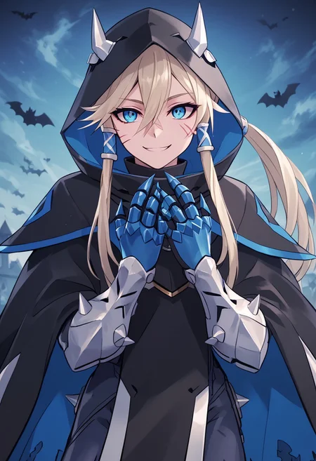 score_4,score_5,score_6,score_7_up,score_8_up,score_9 ((masterpiece,best quality,ultra detailed,highres,HD,4k:1.2)),
1 girl, solo, long hair, ponytail, blue eyes, sharp eyes, slanted eyes, hair tube, hair between eyes,facial scar, bangs, headgear,
Halloween, Halloween costume, black cloak, hooded cloak, wearing a hood, Grim Reaper,spikes, gauntlets, 
smile,