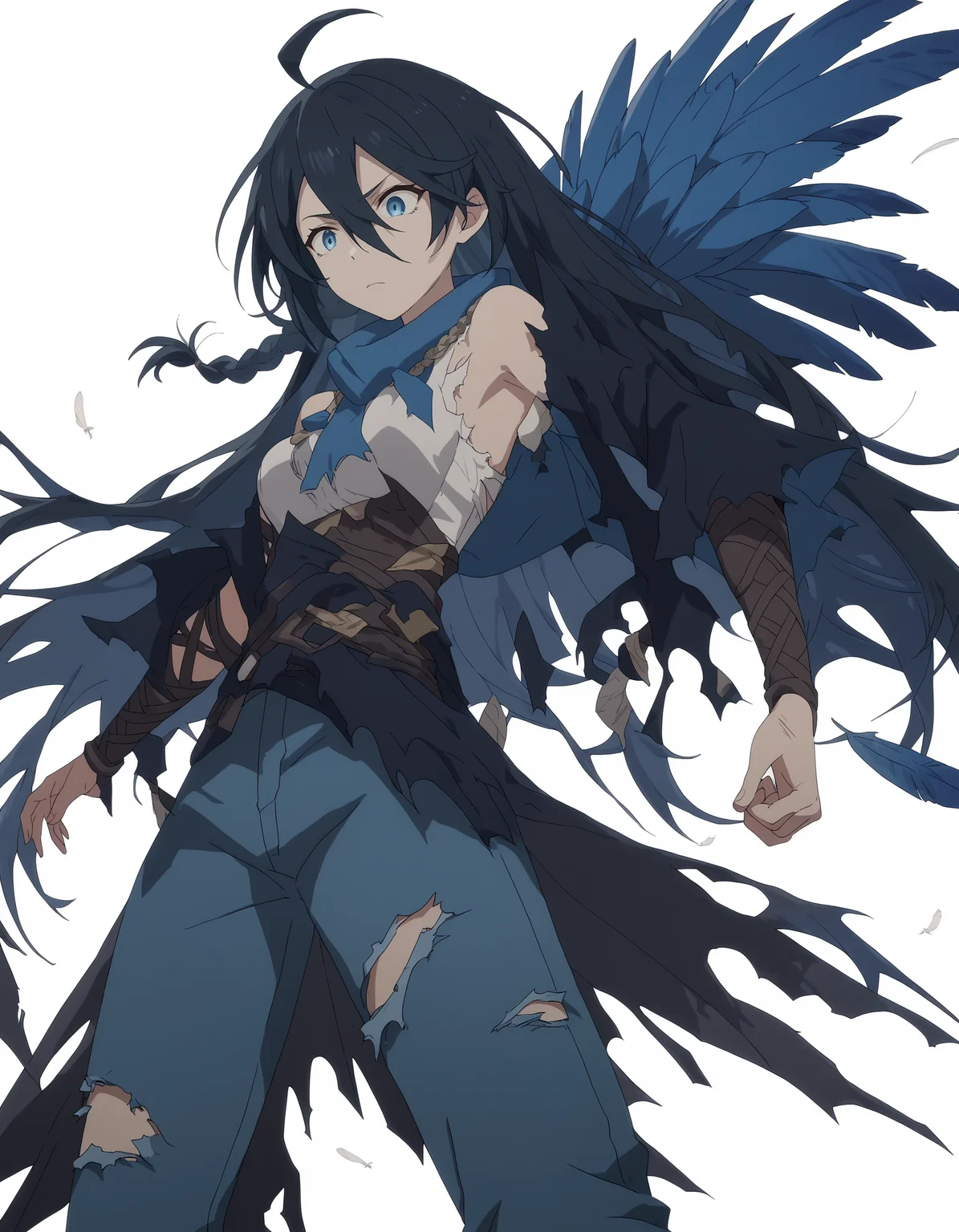 score_9,score_8_up,score_7_up,white background,simple background,blouse,torn_jeans,
<lora:gutu_pony:0.5>,gutu,1girl,solo,blue eyes,long hair,black hair,ahoge,braid,bangs,hair between eyes,feathers,<lora:Anime_Screencap:1>,anime screencap,medium breasts,thighs,