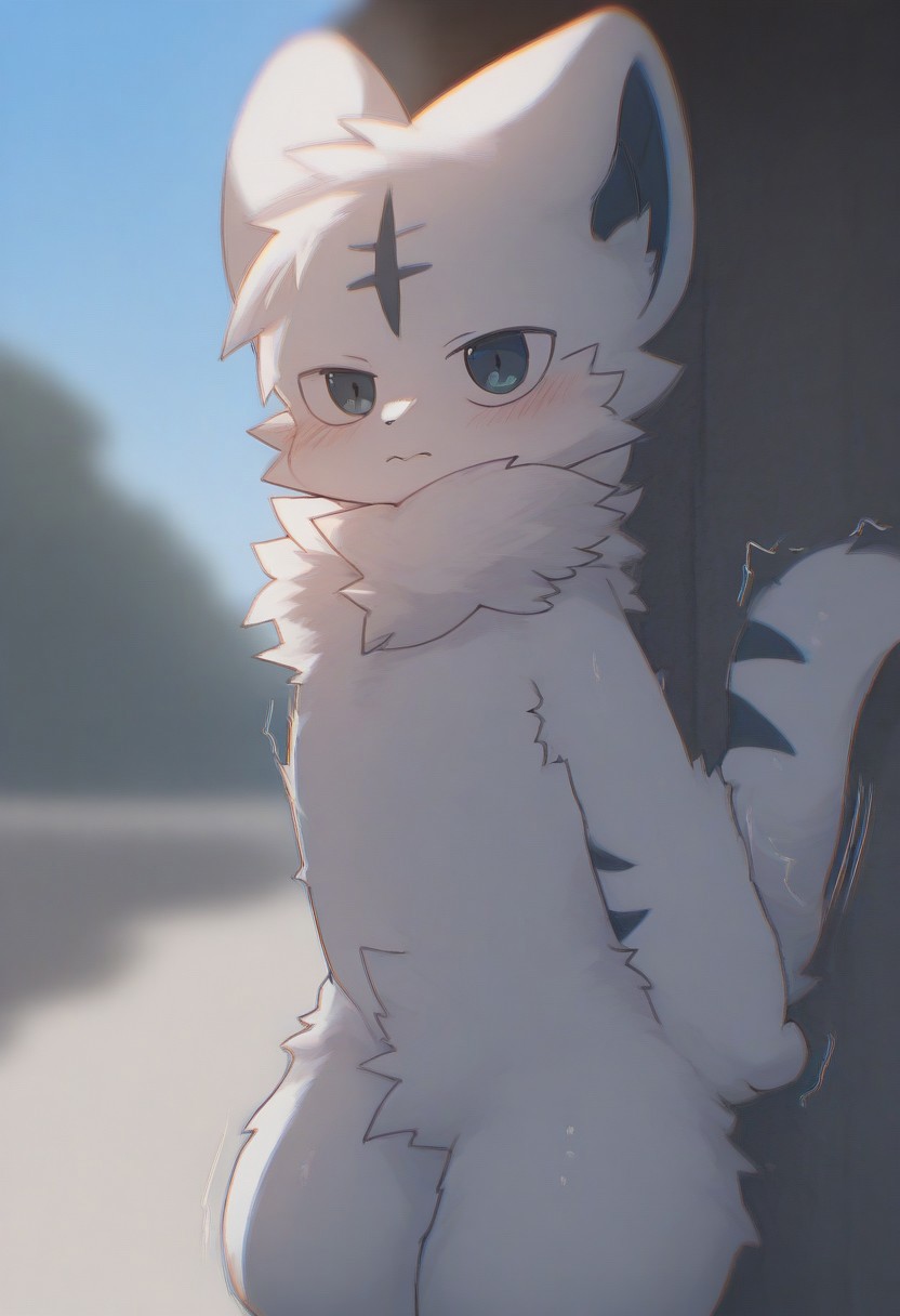 saramandaa (saramandaasan), yinfish r27, 1boy, furry, cute, kemono, summer, outside, masterpiece, best quality, amazing quality, chromatic aberration, motion lines, blurry, white body