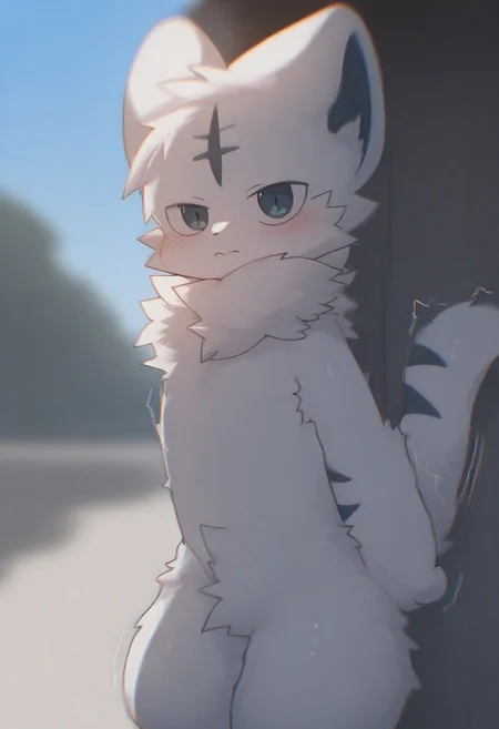 saramandaa (saramandaasan), yinfish r27, 1boy, furry, cute, kemono, summer, outside, masterpiece, best quality, amazing quality, chromatic aberration, motion lines, blurry, white body