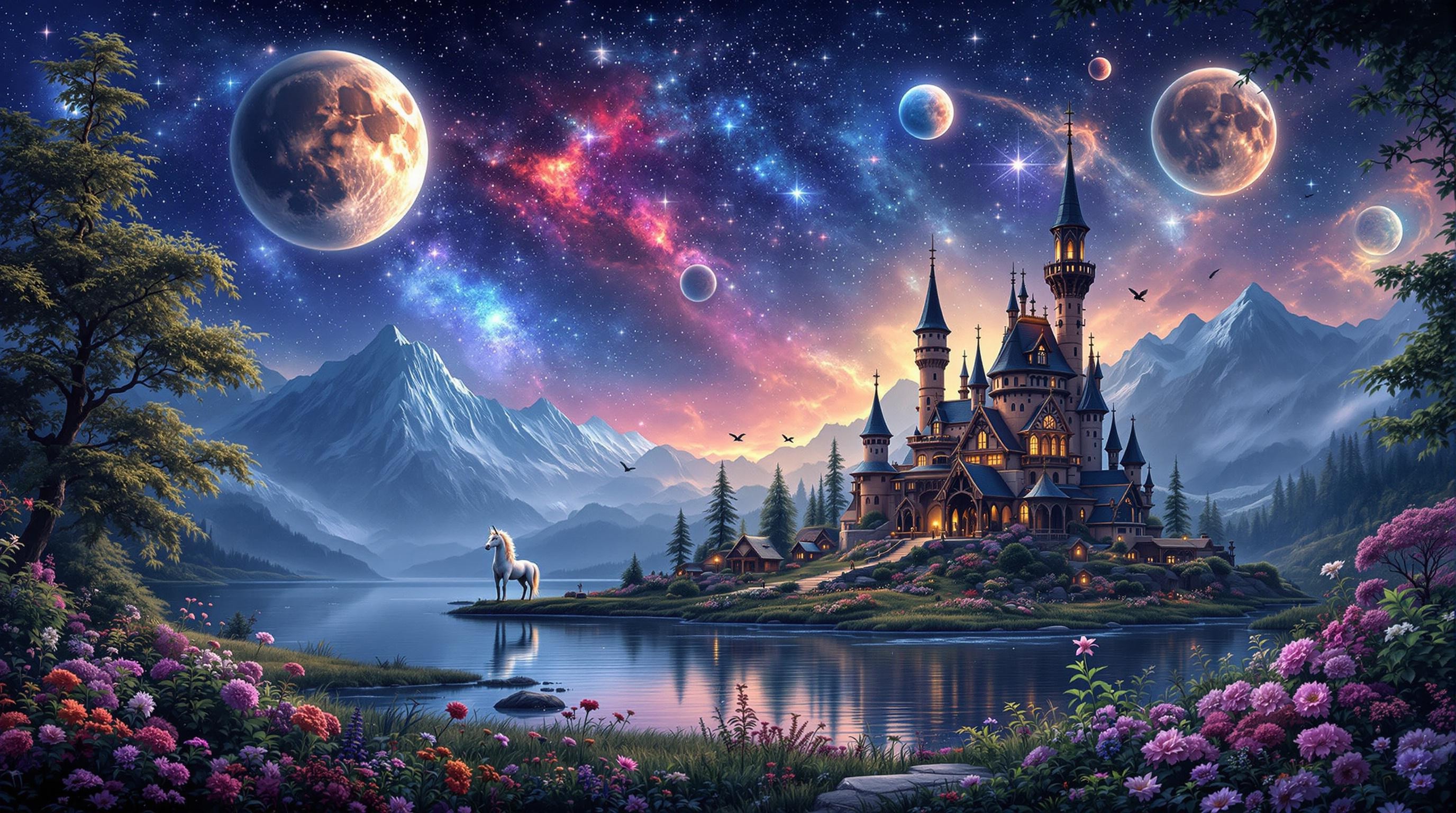 colourful planets and moon and stars and space in the background, a tome, zoomed out, full veiw, hyperealistic, fantasy castlle sitting in a magical jungle in the background, a lake in the background, dinstant galaxies, flowers blowing in the wind, misty mountains in the background, auroa borealis, birds flying in the sky, a unicorn in the distance, small village in the foreground, nighttime, night, dark lighting, gloom,