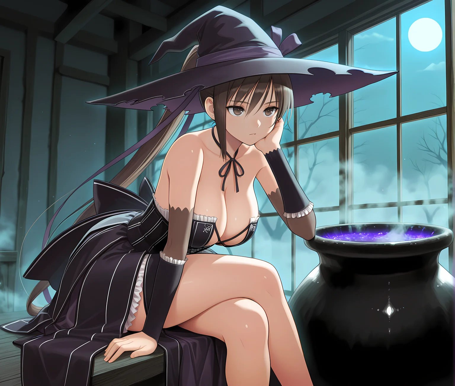 <lora:Maxima:1>,maxima,solo,brown hair,very long hair,breasts,brown eyes,ponytail,hair ribbon,large breasts,indoors,witch outfit,witch hat,cleavage,cowboy shot,crossed legs,head on hand,leg support,cauldron,fog,horror \(theme\),moonlight,darkness,, masterpiece,best quality,amazing quality, very aesthetic, absurdres,detailed eyes,ultra-detailed,