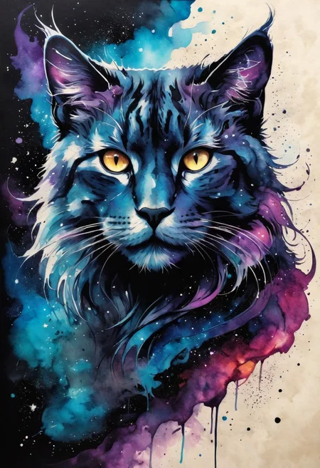 (Ink illustration on parchment). Glowing feline, entire figure, cosmic fur, poised stance, Celestial Guardian. Nebula swirls. Deep space. Seductive. Eroticism. Galactic aura. Starscape. Dark matter. Vibrant hues. Ethereal eyes. Cosmic energy. Ink splashes, rough ink sketch, moody, gloomy, dark picture, high contrast, stylized.