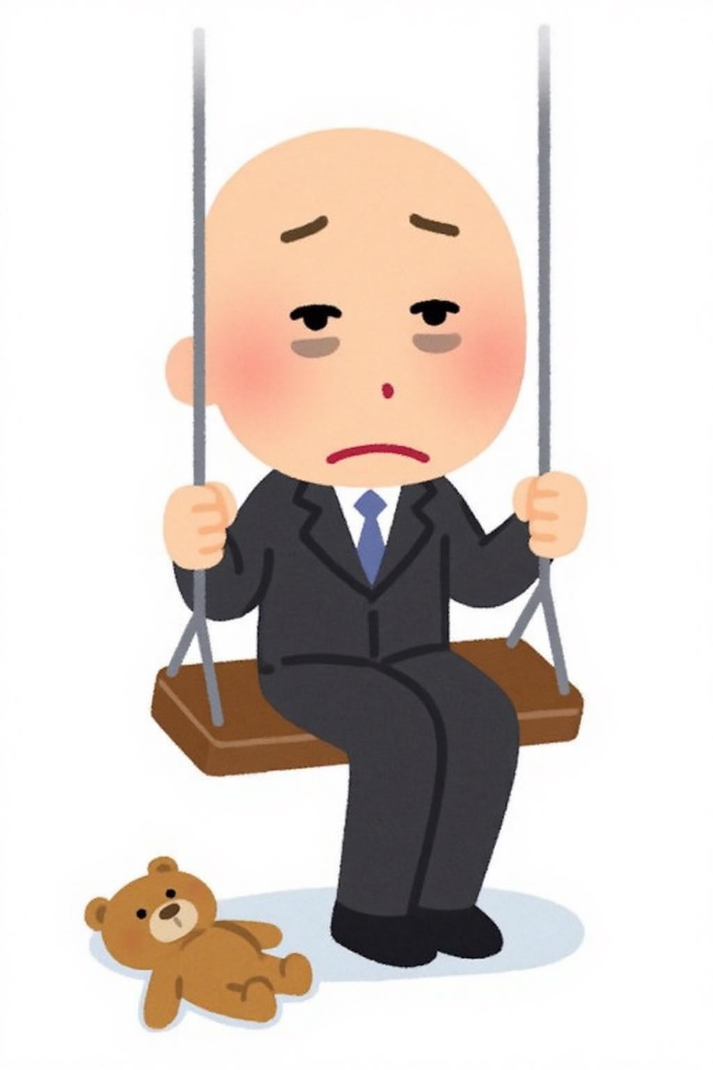 irasutoya1 illustration. A sad, bald man with droopy, tired eyes. sitting on a wooden swing. He is holding the swing's chains with both hands. There is a teddy bear lying on the ground.
 <lora:irasutoya1_cap_d8a4e8:1.0><lora:846912817050212265:0>
