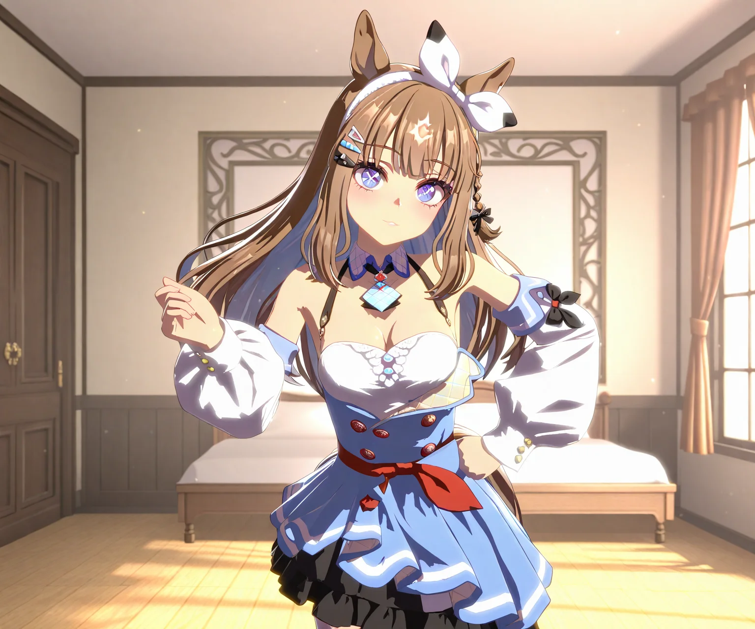 masterpiece, best quality, amazing quality, , 1girl, solo,  looking at viewer,  <lora:Almond eye in game style 3D ILL-v2:1.2> ummsmingame, 3d, almond eye \(umamusume\)