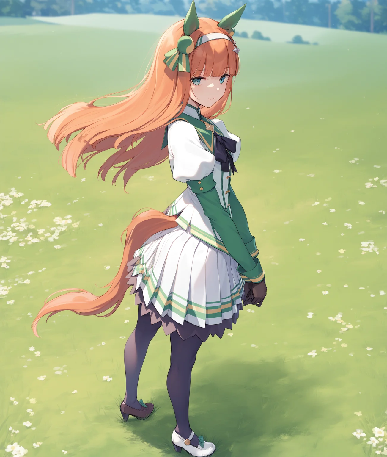 score_9, score_8_up, score_7_up BREAK
shobufuku, 1girl, solo, long hair, bangs, skirt, shirt, gloves, long sleeves, animal ears, tail, full body, short sleeves, pantyhose, pleated skirt, hairband, shoes, black gloves, puffy sleeves, orange hair, high heels, from side, black pantyhose, white footwear, white skirt, horse ears, grass, horse girl, horse tail, ear covers, asymmetrical footwear, mismatched footwear, standing,
<lora:silence_suzuka-ponyXL:1>,