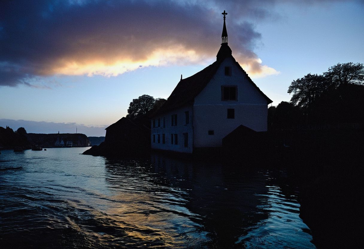 soaked_seasalt, Erstelle ein düsteres Bild einer verlassenen, nebelverhangenen Küstenstadt bei Nacht. Die Stadt hat eine verfallene, viktorianische Architektur mit baufälligen Häusern und zerbrochenen Fenstern. Im Vordergrund befindet sich ein unheimlicher Hafen mit verrotteten Holzstegen und moosbewachsenen Booten. Das Wasser ist schwarz und unruhig, mit seltsamen, phosphoreszierenden Lichtblitzen unter der Oberfläche. Im Hintergrund erhebt sich ein gigantischer, uralter Tempel mit unheimlichen, fremdartigen Symbolen an den Wänden. ﷿ber der Szene hängen bedrohliche, tiefhängende Wolken und Blitze zucken am Himmel. Die Atmosphäre ist von einer unheimlichen, erdrückenden Stille durchdrungen, als ob etwas Uraltes und Böses erwachen würde.