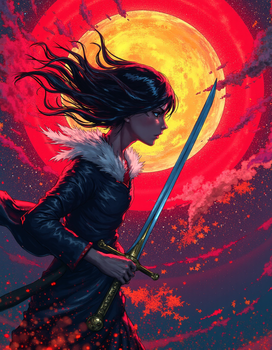 (masterpiece: 1.2), (best quality: 1.2), very aesthetic, 4k, (InkPunk: 1.2), dynamic pose, vivid color, deep colors,dramatic lighting, intricate details, thick contours, volumetric shadows, Expressiveh,1 girl, solo, Holding a sword,rage, calling ,motherland mother The painting is in the style of umesky. <lora:Grimmold:0.5> <lora:ume_sky_v2:0.8>
