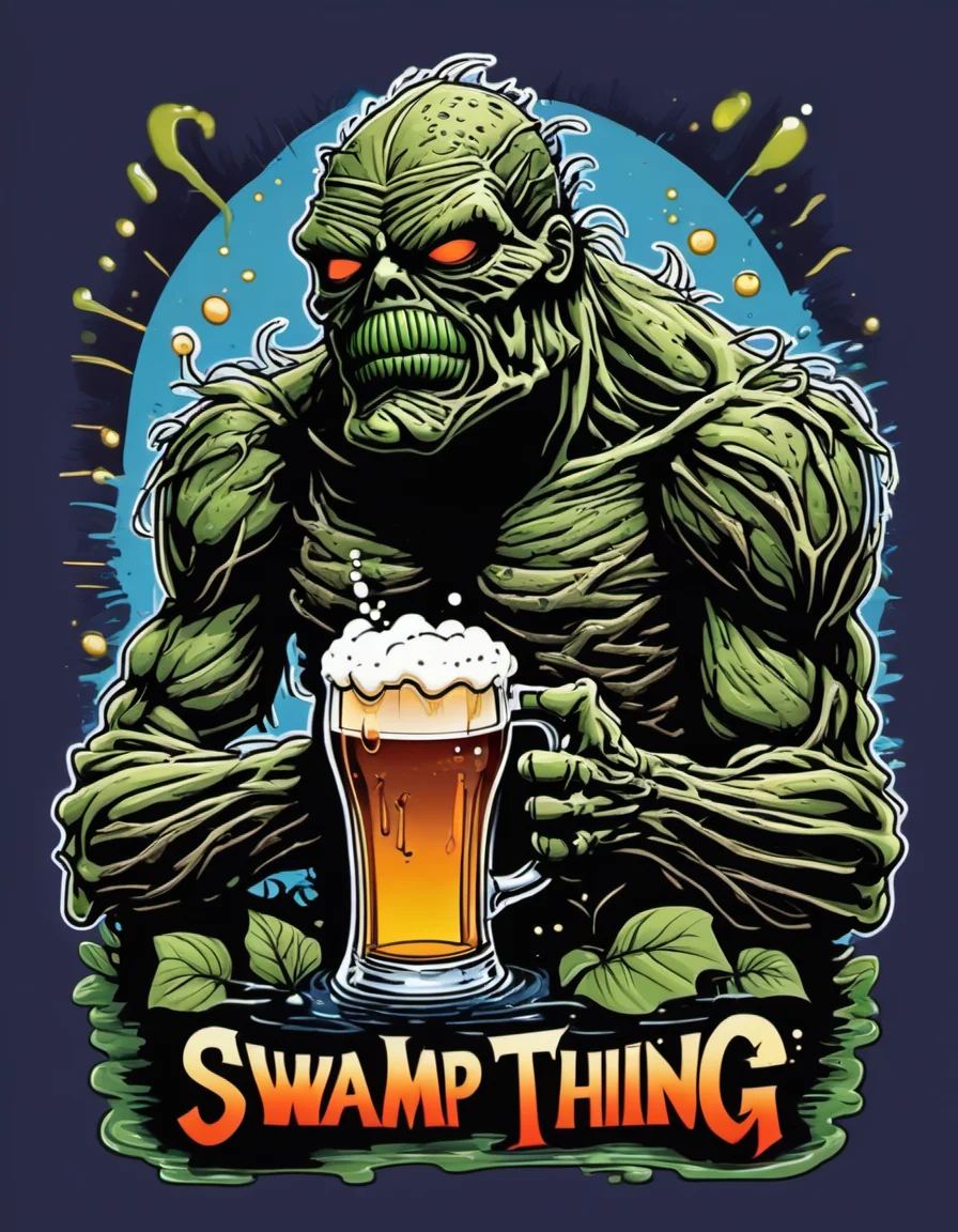 vector cartoon illustration of swamp thing drinking a beer with goopy text that says Swamp Thing <lora:Vector cartoon illustration-000008:1>