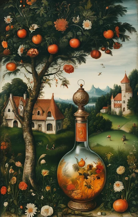 masterpiece,best quality,<lora:tbh283-sdxl:0.9>,illustration,style of Lucas Cranach the Elder A bottle of perfume in garden