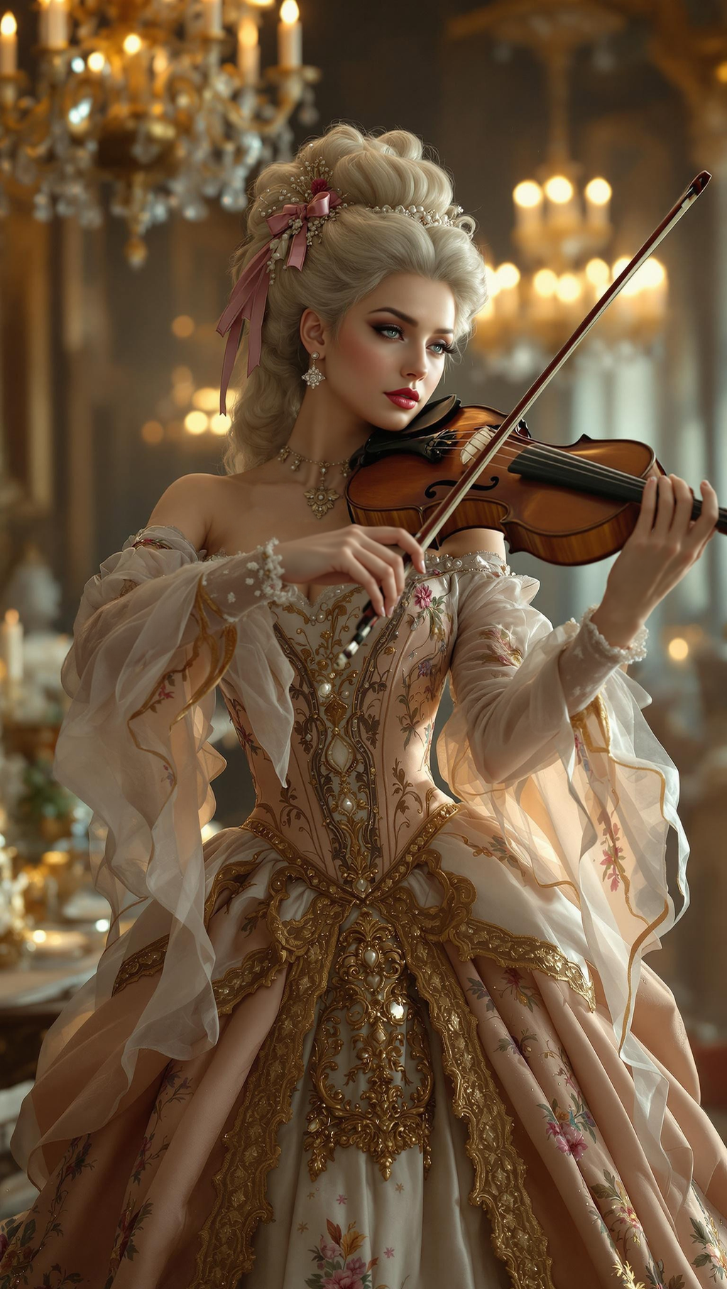  cinematic still hyper realistic art A mesmerizing image capturing the essence of timeless Rococo beauty ---- A stunning 18th-century noblewoman elegantly playing the violin, dressed in an opulent Rococo gown with intricate embroidery and lace. Her powdered wig is adorned with pearls and delicate ribbons, framing her graceful, porcelain-like face. She stands in a grand candlelit salon, her expression serene yet passionate as she plays, the soft glow of chandeliers casting a warm, golden light. The atmosphere exudes Baroque elegance, evoking the refined beauty of the classical era <lora:aidmaFluxProUltra:0.4> aidmafluxproultra