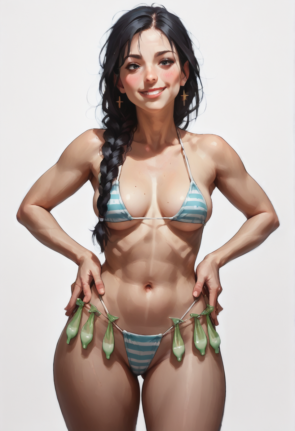 1 girl,  view from front, 
standing, hands on own hips, 
looking at the viewer, smile, blush,
braid, long hair, black hair,
medium breasts, narrow waists, wide hips,
striped bikini, string bikini, 
condom belt, 
white background, simple background,
 <lora:Concept_XL_Pony_Condom_Belt:1> <lora:01lp41ntXLP:0.75> 01lp41nt, score_9, score_8_up, score_7_up, score_6_up, score_5_up, score_4_up,
